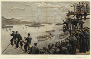 スペイン北西部のアローザ湾にある海軍戦隊レゲッタ、ギャレーレースのフィニッシュ